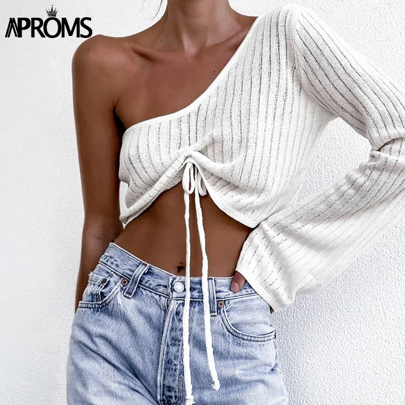 

Aproms Sexy One-Shoulder Ruched Sweater Women Casual Flare Sleeve Drawstring Knitted Pullovers Streetwear Gray Soft Basic Top