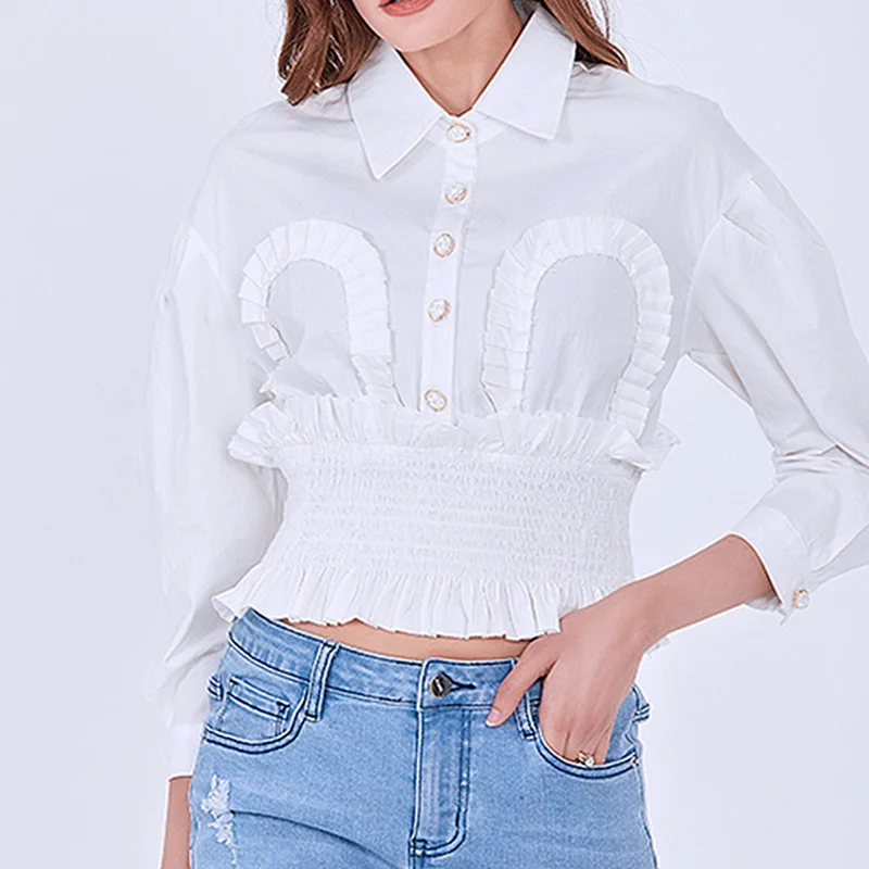 

Elegant Sweet Ruffles Patchwork Slim Waist Women Blouse 2021 Spring New Chic Exquisite Button Shirts Solid Puff Sleeve Blusas
