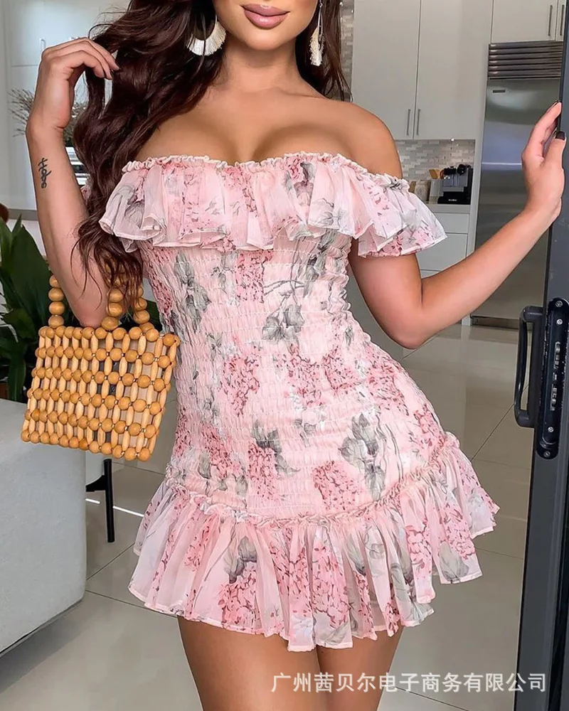 

WEPBEL Women Mini Dress Pink Off-Shoulder Strapless Pleated Short Sleeve Dress High Waist Floral Flower Sexy Ruffles