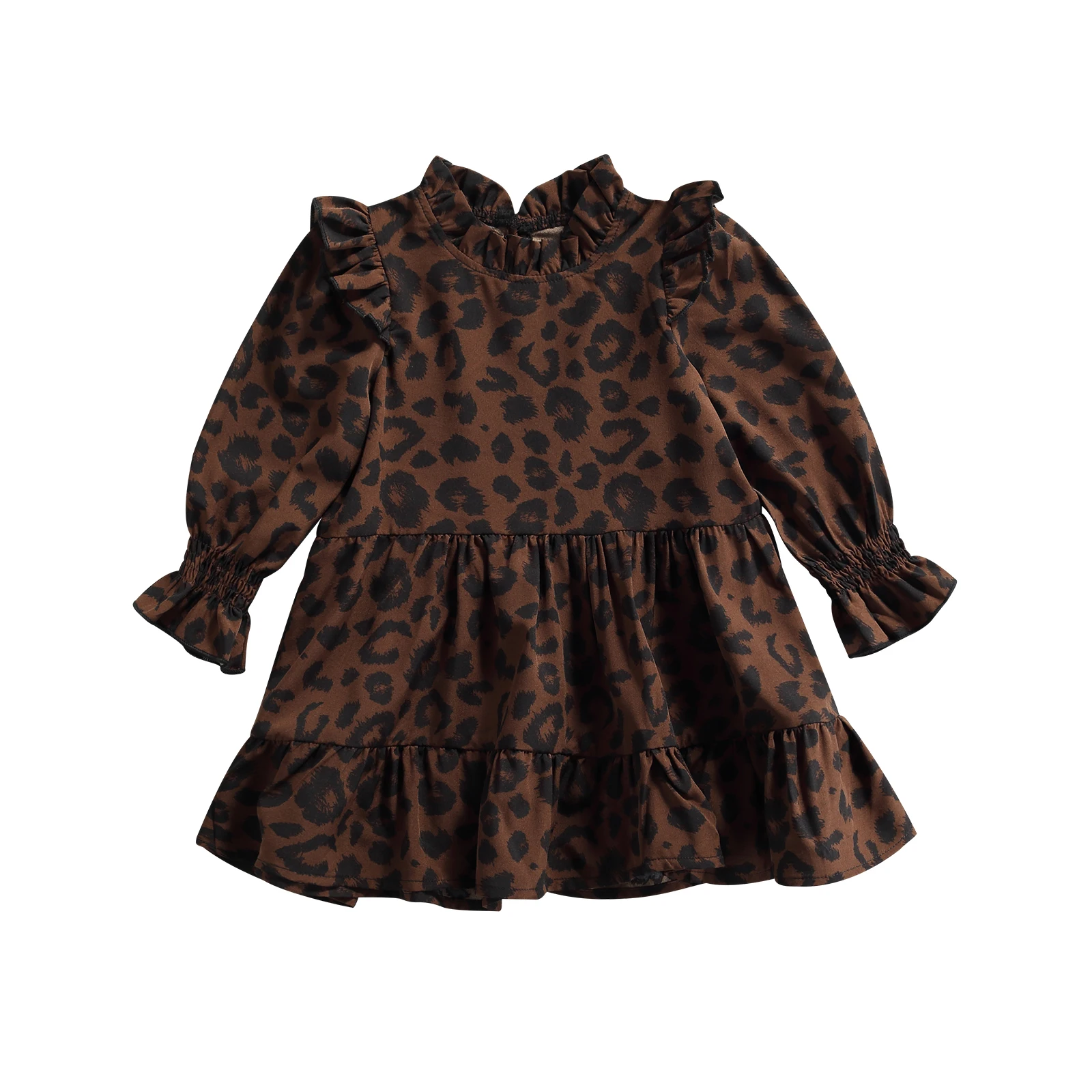 

Toddler Leopard Print Dress, Baby Girls Casual Long Sleeve Ruffle Neckline Dresses Spring Autumn 2021 New Style 0-5T