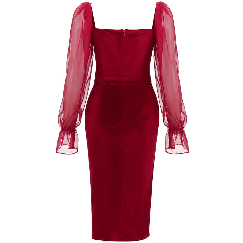 

High Quality Women's Spring 2021 Sexy Flare Sleeve Backless Draped Velvet Dress Red Bodycon Celebrity Club Party Dress Vestidos