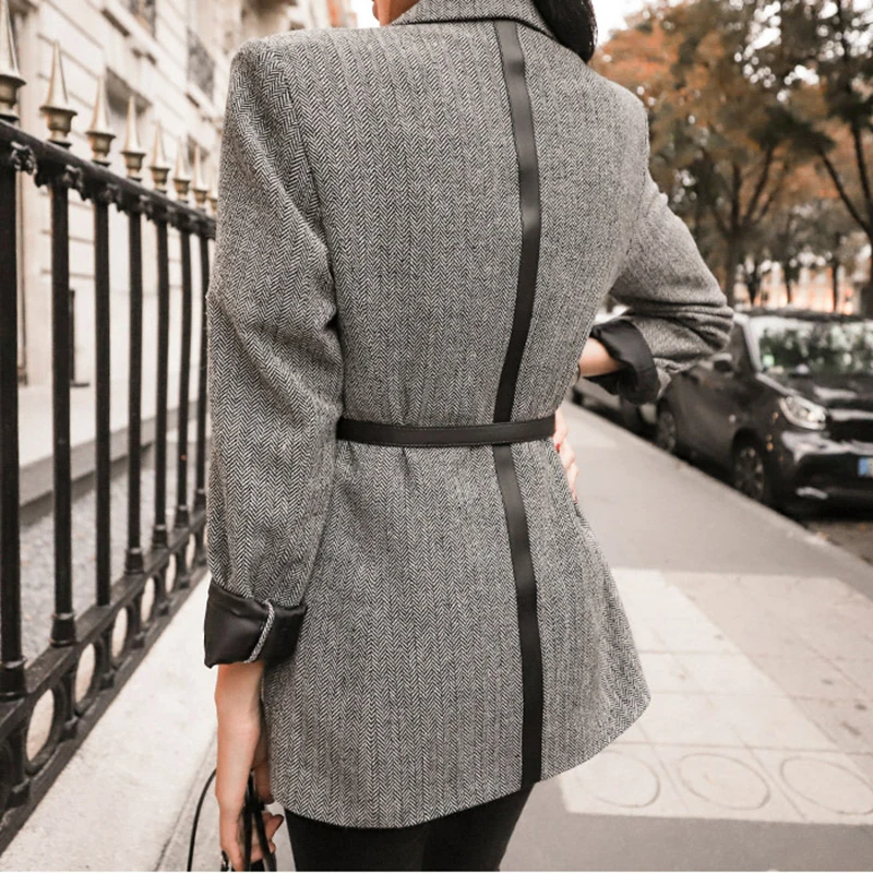 Женский блейзер с поясом BGTEEVER винтажный из искусственной кожи отложным