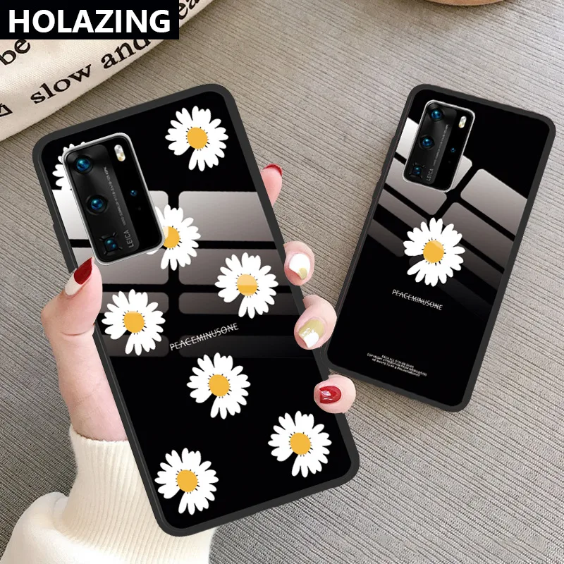 Case For Huawei P40 Lite Pro P30 P20 Daisy Pattern Tempered Glass Soft TPU Back Cover Phone Cases | Мобильные телефоны и