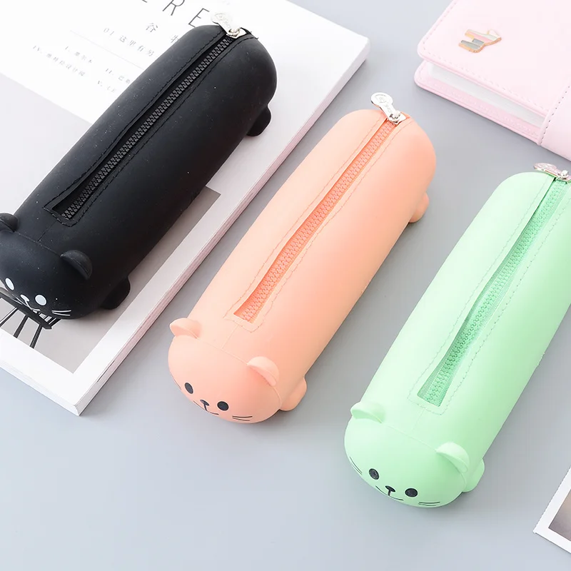 

Silicon Pencil Case Cute Bear Face Pen Bag Solid Color Kawaii Pencil Bag Simple Design Zipper Pen Pouch Candy Color Stationary