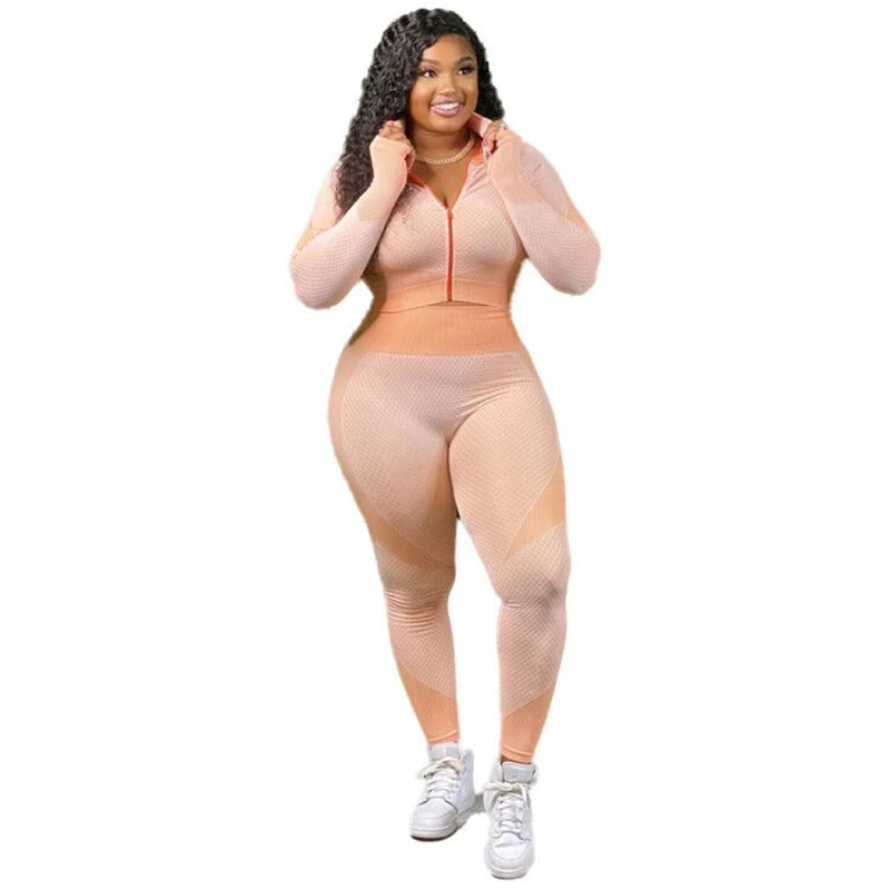 

Женский спортивный костюм из двух предметов, осенний комплект из укороченного топа на молнии с V-образным вырезом и длинными рукавами и бесш...