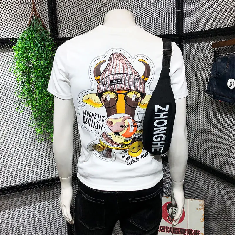 

2021 summer new Korean short sleeve t-shirt men's European station tide brand Tauren print round neck men's half sleeve T-shirt