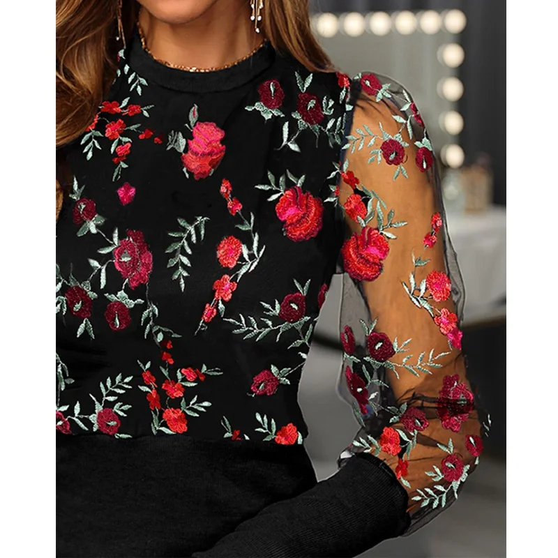 2020 Новая модная сетчатая блузка с цветочной вышивкой в стиле пэчворк |