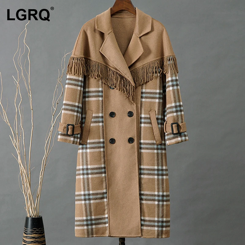 

[LGRQ] Loose Striped Tassel Thicken Warm Women's Woolen Coat Parkas New Long Sleeve Fashion Tide Autumn Winter 2021 19D5131