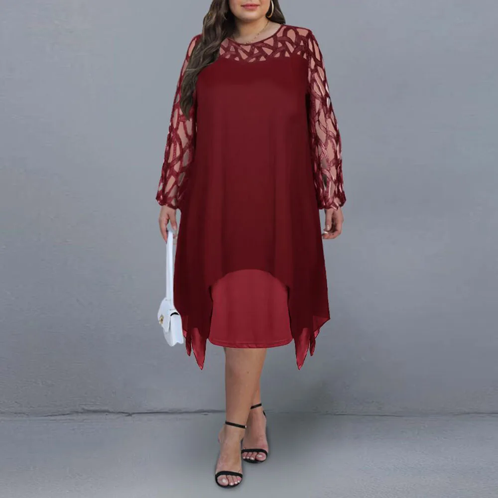 

Long Sleeve Plus Size Women's Dress for New Year 2022 Summer Elegant Mesh Casual Midi Dress Evening Party Dresses Club Outfits