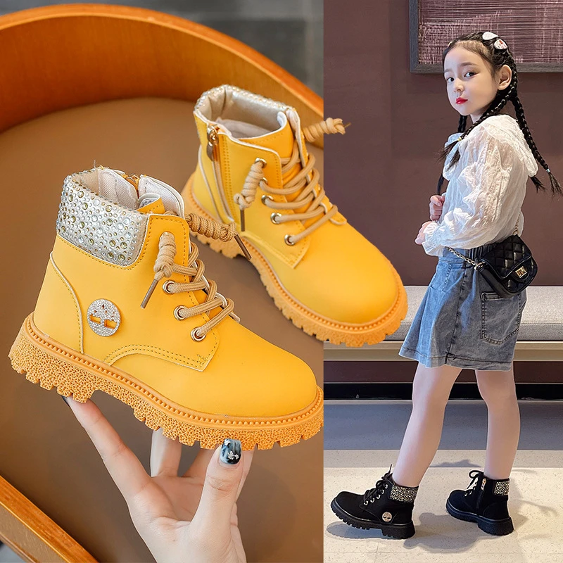 

New Autumn Children Shoes Girls Ankle Boots Princess Baby Toddler Fashion Rhinestone Martin Boots Student Kids 03A