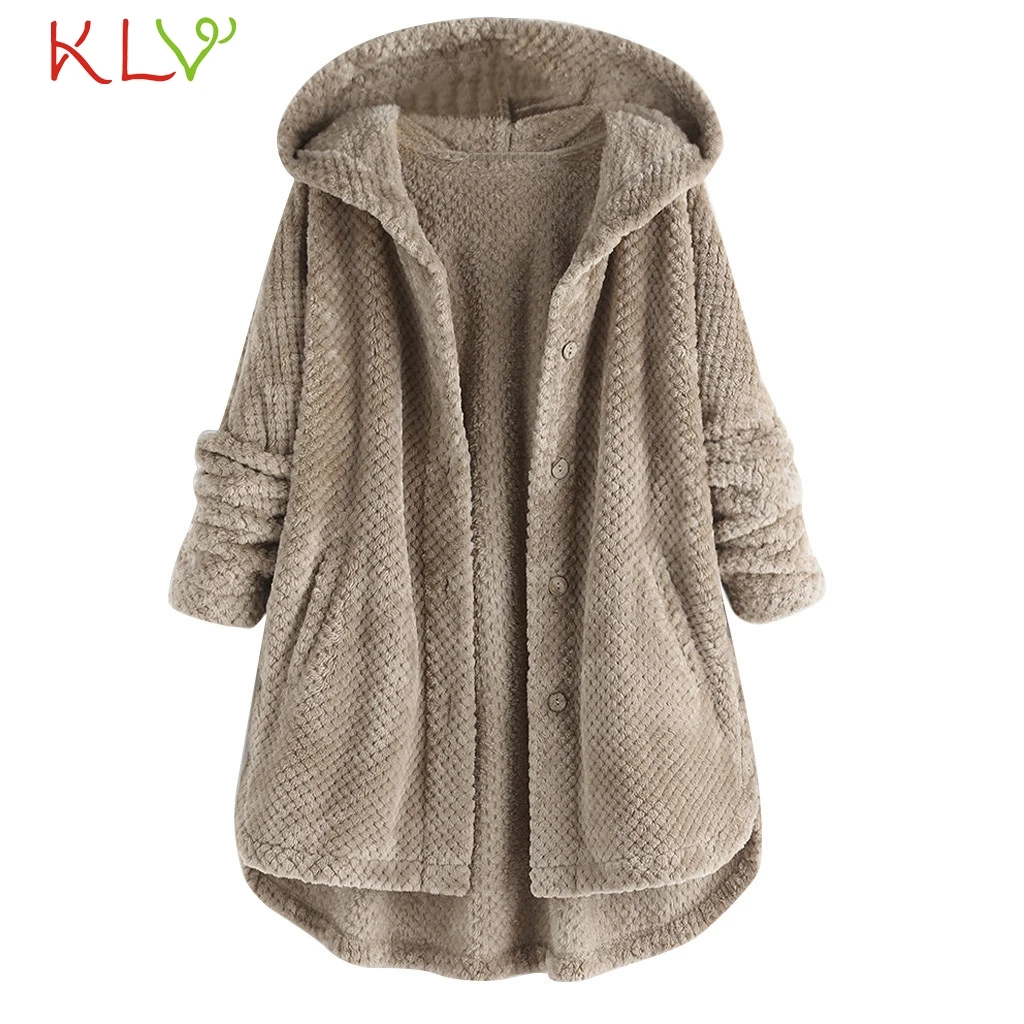 Women Jacket Hooded Fleece Pocket Warm Winter Coat Fluffy Button Casual Top Outwear Clothes Plus Size Manteau Femme 5XL 19Oct