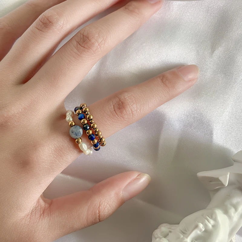 Lapis Lazuli Natural Stone Rings For Women with Stainless Steel Bead Freshwater Pearl Healing Set Bohemian Party Gifts | Украшения и