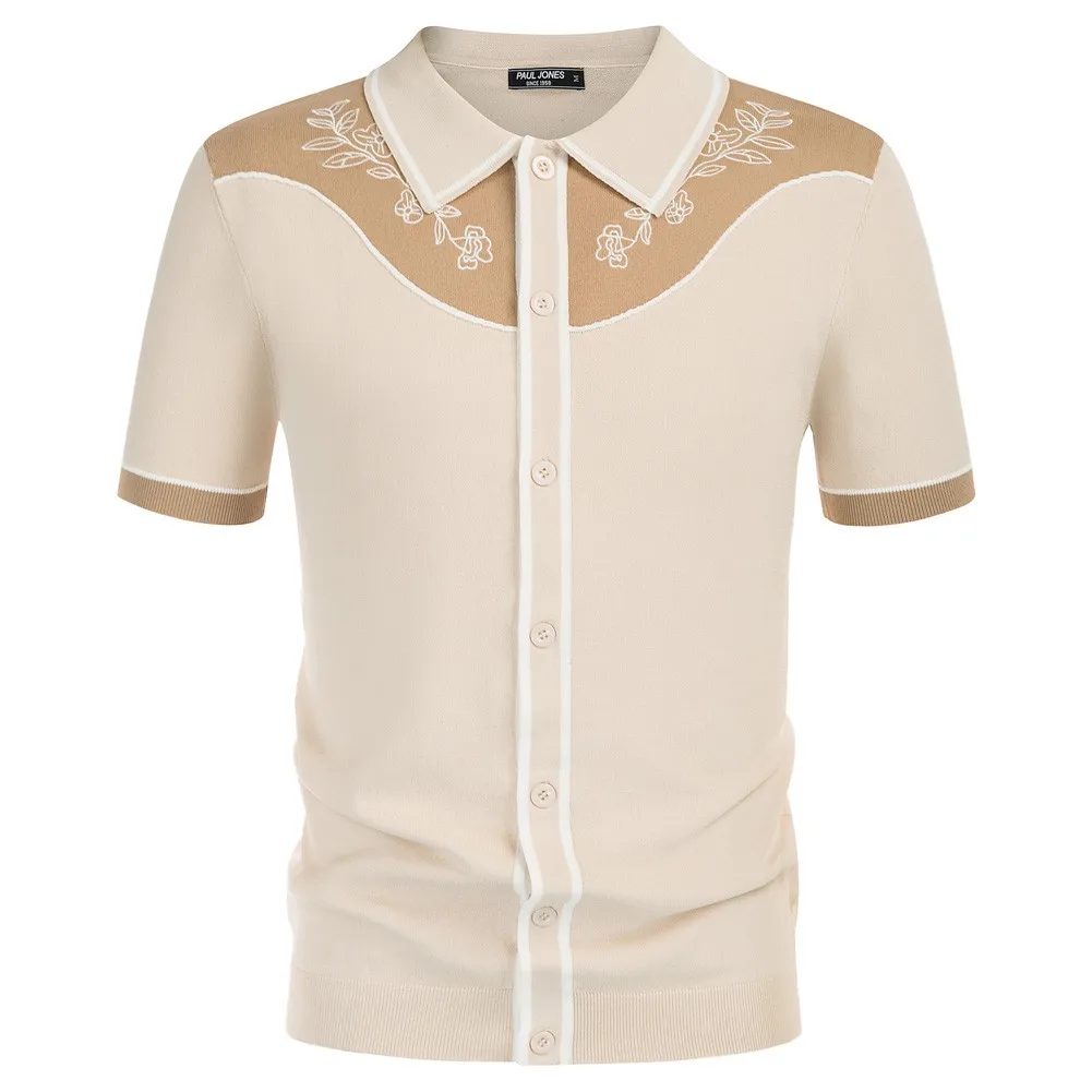 

Summer Men Lapel Collar Cardigan Sweater Short Sleeve Turn-down Collar Fashion Print Button Placket Knitted Tops Clothes Male