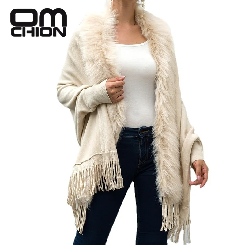 

OMCHION Fur Collar Winter Shawls And Wraps Bohemian Fringe Oversized Womens Winter Ponchos And Capes Batwing Sleeve Cardigan