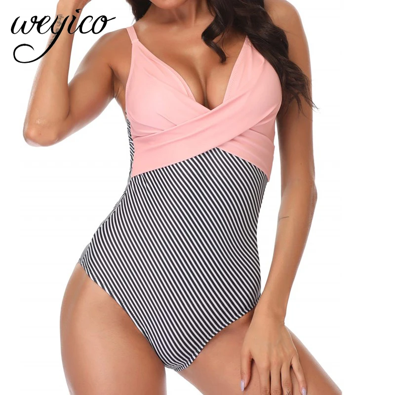 Цельный пикантный женский купальник в горошек пуш ап полосатый цветочный