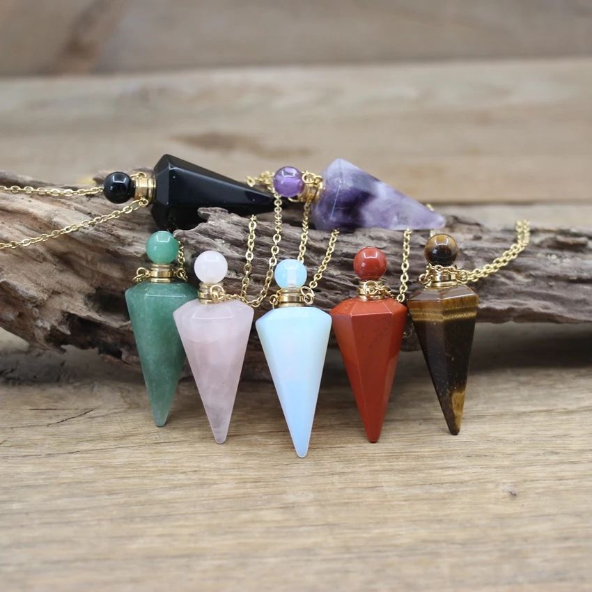 Faceted Cone Pendulum Crystal Perfume Bottle Pendants Healing Reiki Stone Gems Opal Essential Oil Vial Charms Necklaces QC1079