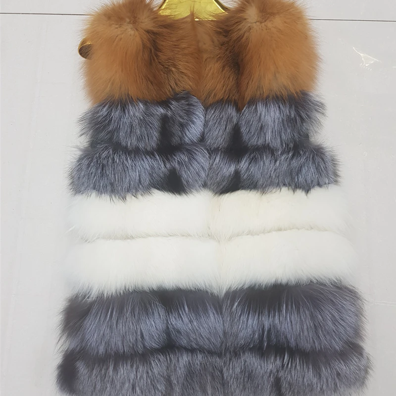 Natural Real Fox Fur  Women's High Quality Pelt Real Fur Coat Patchwork Red Silver Fox Vest Striped Thick Coats Vests