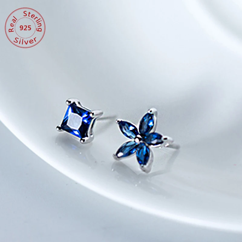 Женские серьги гвоздики с синими асимметричными цветами квадратные из 100%