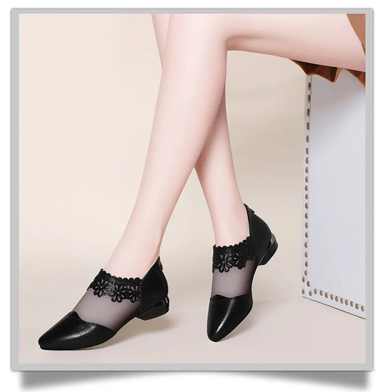 new summer sandals Pointed Elegant Women shoes Black Lace Ankle Flower low Heel zipper flowers casual sandals