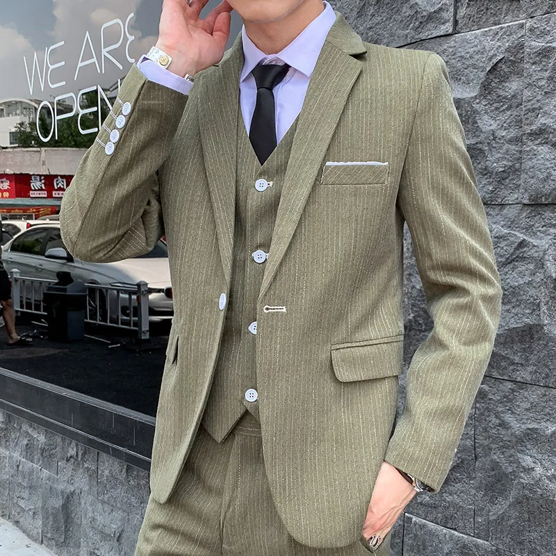 Мужской полосатый костюм на все сезоны 2020 Молодежный профессиональный из трех