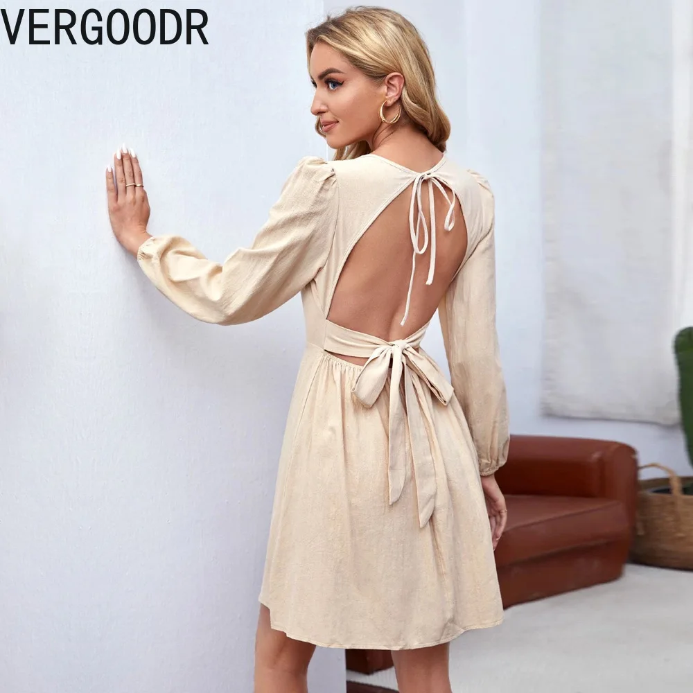 

Khaki Sexy Backless Long Sleeve Dresses for Women Party Autumn 2021 A-LINE Bandage Hollow Out O-Neck Solid French Dress Women