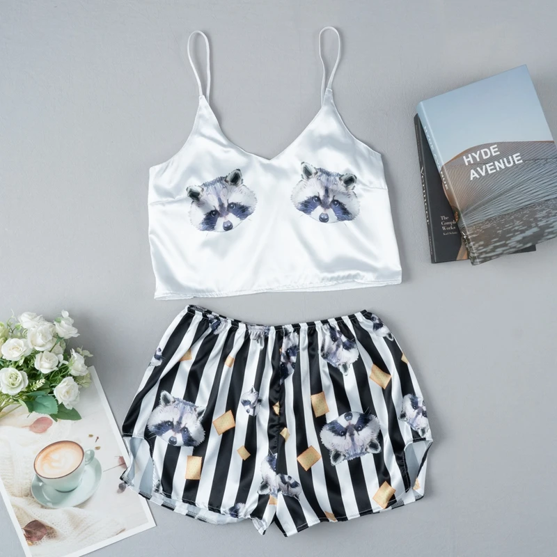 Animal Cartoon Print Lovely Sleepwear Home Suit Summer V Neck Sleeveless Sexy Pyjamas Womens Two Piece Silk Pajamas Sets