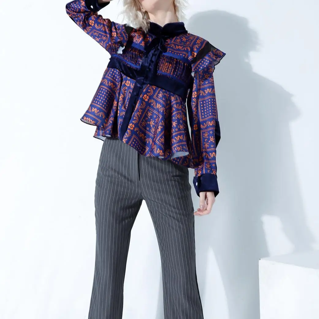 Женщины шаблон оборками темперамент блузка повседневная стоячий воротник с