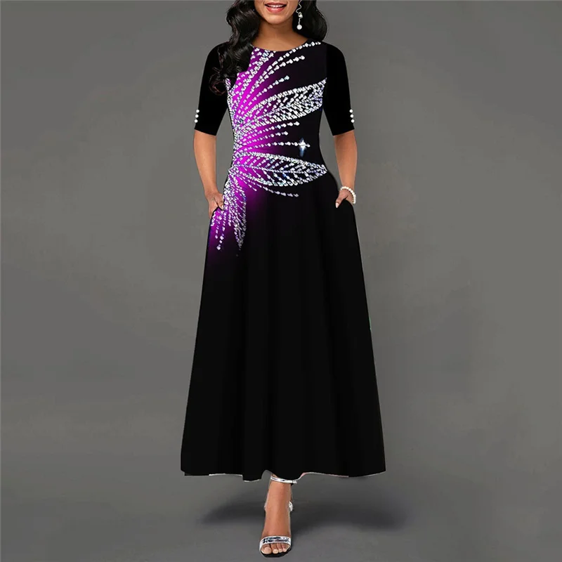

New Mid Sleeve Print Dress African Long Skirt Round Neck Dress Elegant Retro Dress