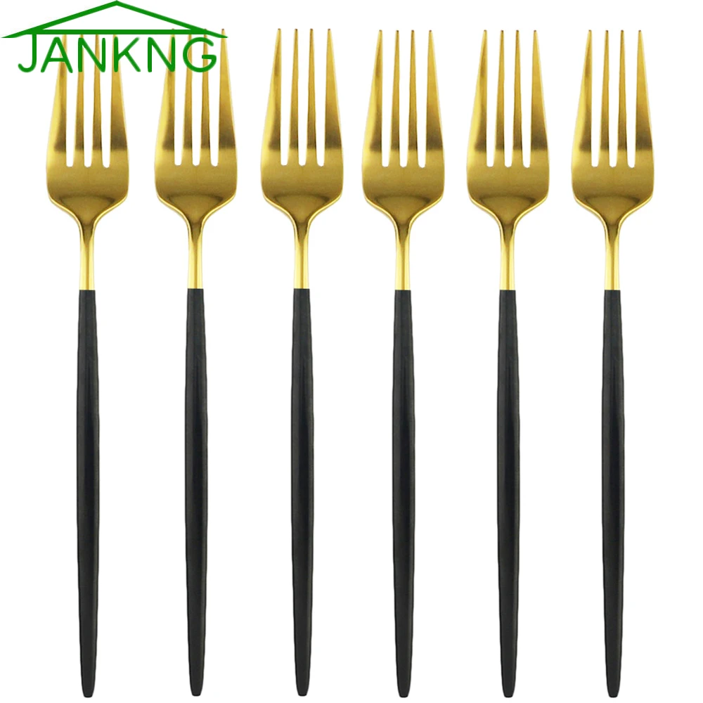

6Pcs Dessert Fork Flatware Black Gold Cutlery Set 304 Stainless Steel Tableware Colorful Mirror Kitchen Dinnerware Silverware