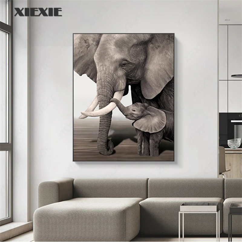 Retro Elephant Baby Elephant Animal Entrance Prints & Poster Black and White Canvas Art Wall Decorative Picture for Living Room