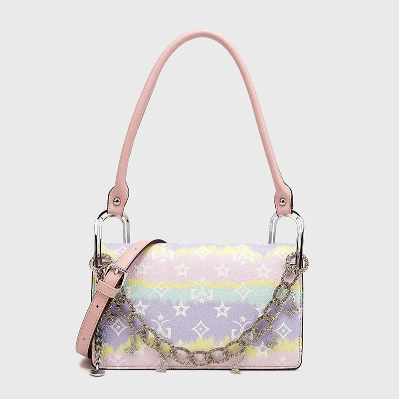 

2021 New Fashion Print Rainbow Diamond Chain Underarm Bag All-match Shoulder Diagonal Small Square Bag Purses and Handbags Cc Gg