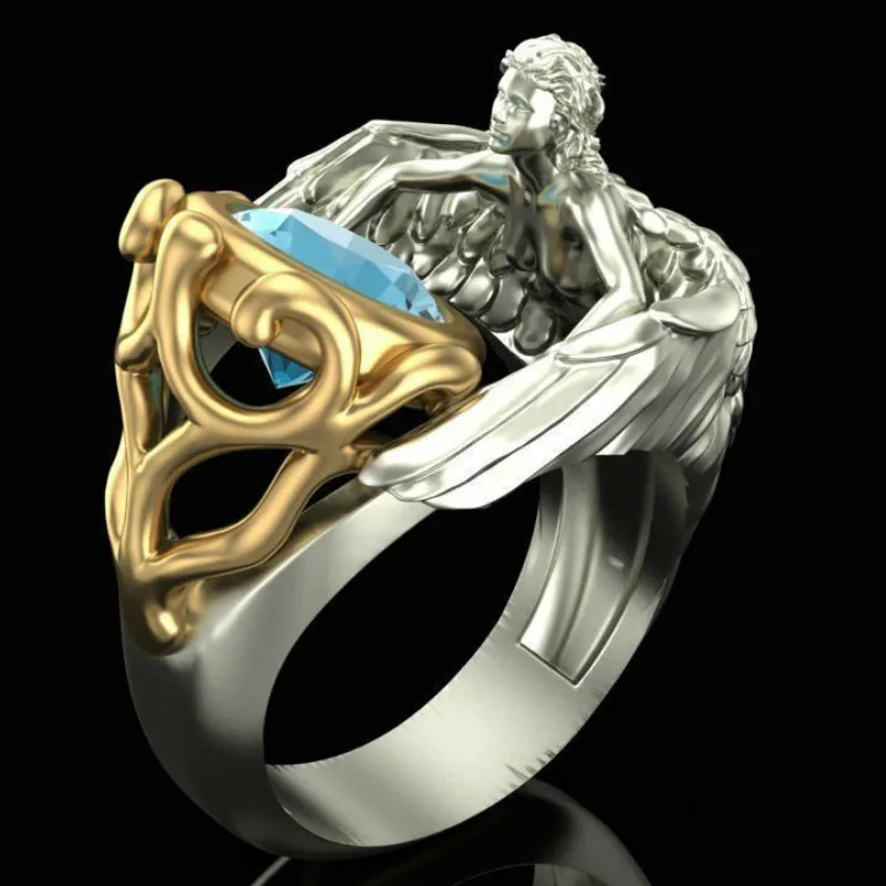 

Vintage 925 Silver Sea Blue AAA Zircon Angel Wing Ring Wings Bicolor Ring Party Gift Jewelry Ring