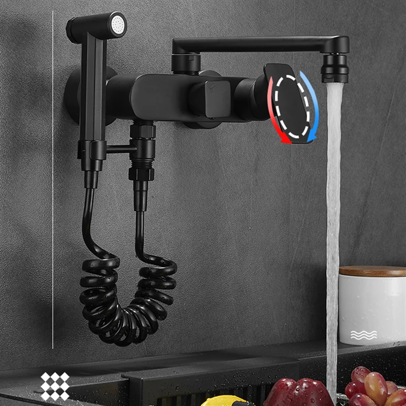 

Черный смеситель для кухни с распылителем, настенный смеситель для кухонной раковины, смеситель для швабры для балкона, кран смеситель горя...