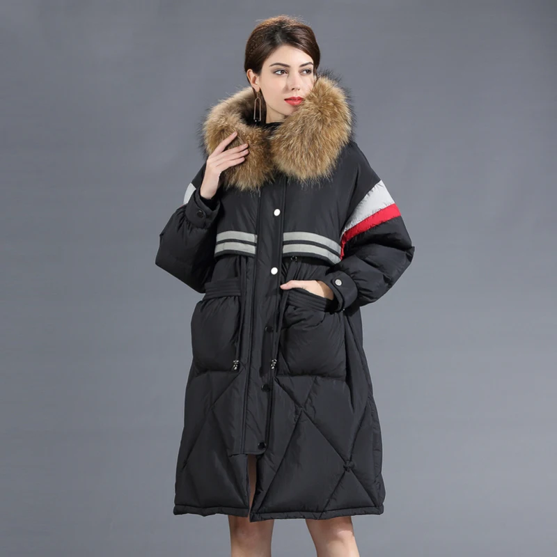 Новинка зимний женский пуховик натуральный мех с капюшоном средней длины пальто