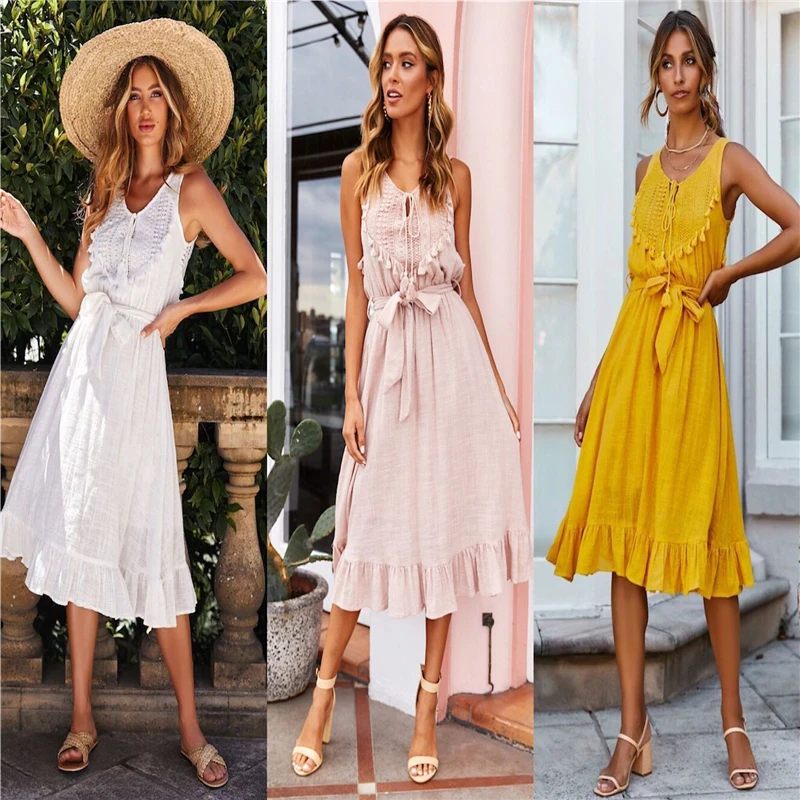 

New Design Tassel Strap Hollow Out Dress Women Slim Sleeveless Dress