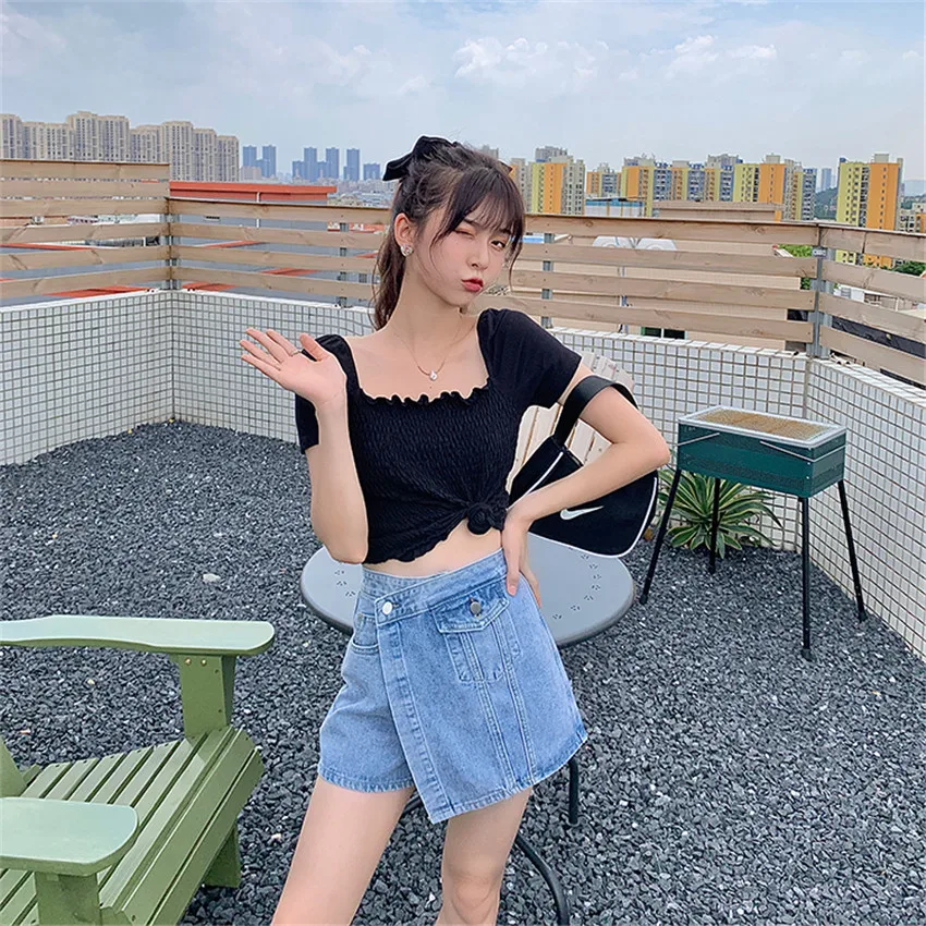 

Summer Denim Short Skirt Women Pockets High Waist Shorts Jeans Korean Fashion Chic Mini Saia Jupe Femme
