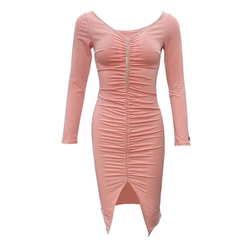 

Fashion solid color sexy dress female 2021 spring new long-sleeved V-neck slimming waist bag hip tight mini skirt