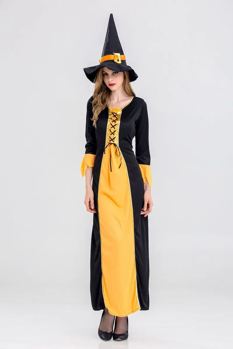 

Adult Black Orange Gothic Witch Sorceress Cosplay Costume for Women Fantasia Halloween Carnival Mardi Gras Party Dress