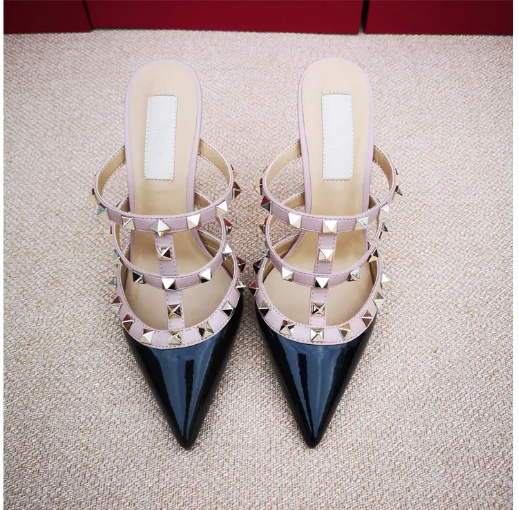 

2021 summer new style sexy lady women shoes nude patent leather strappy spikes rivets high heels sandals Slipper flip flop mules