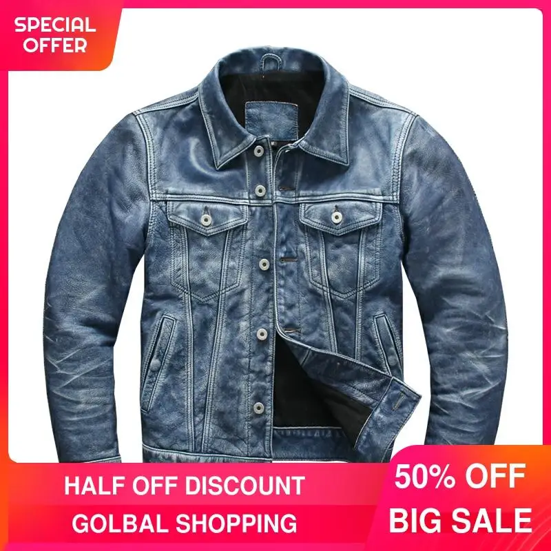 

2021 Vintage Blue Japan Casual Style Genuine Leather Jacket Men Large Size 4XL Real Natural Cowhide Spring Slim Fit Short Coat