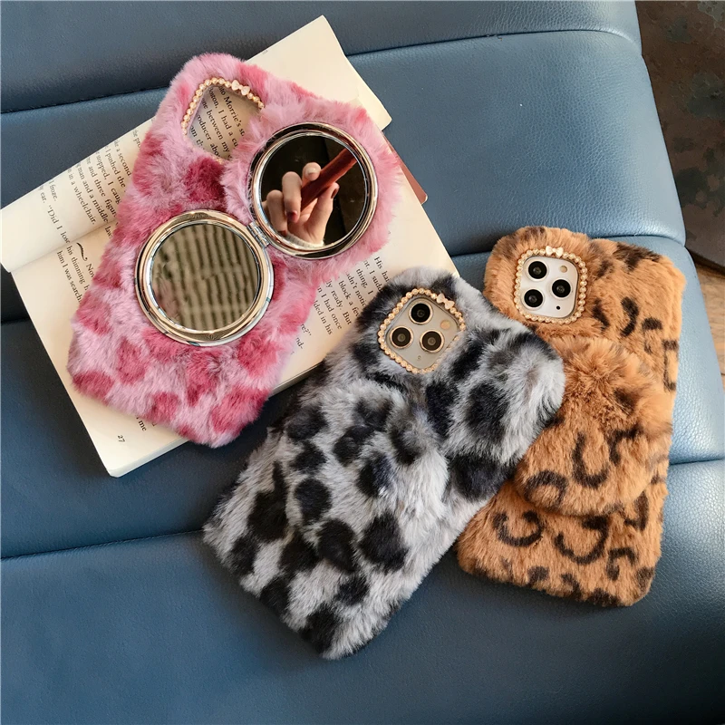 Милый теплый плюшевый зеркальный телефонный чехол для Samsung s8 s9 s10 pro plus note 8 9 10 J3 J4 J6 J8 2018 леопардовый меховой мягкий задний кожух.