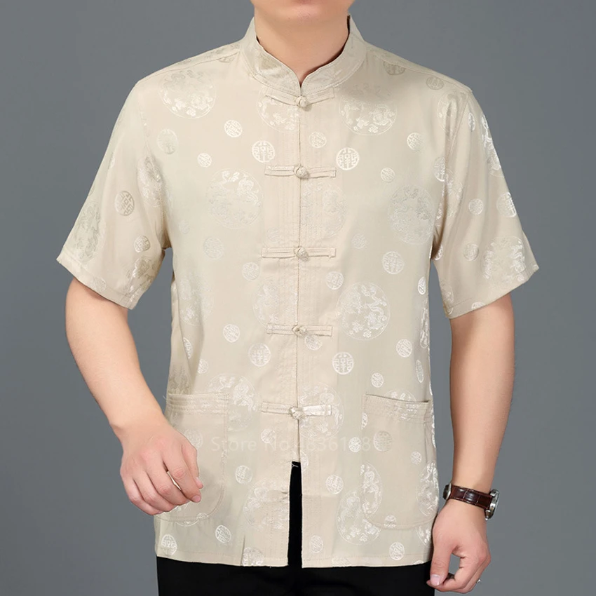 

Chinese Top Satin Silk Short Sleeve Tang Suit Vintage Floral Collar Kung Fu Traditional Chinese Clothing for Men Shirts Hanfu