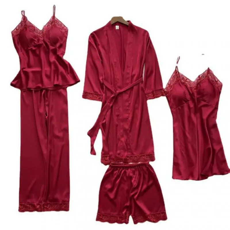

Burgundy Bride Wedidng Robe Set 5PCS Lace Sexy Homewear Spring Autumn New Pajamas Suit Satin Intimate Lingerie Sleepwear