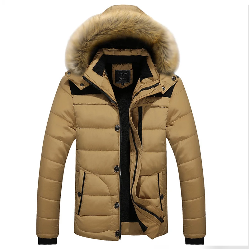 New Men's hooded Fur Collar Pocket Jacket Fashionable Zipper Button Cotton Coat Casual Thick Warm Leather Men's Coat