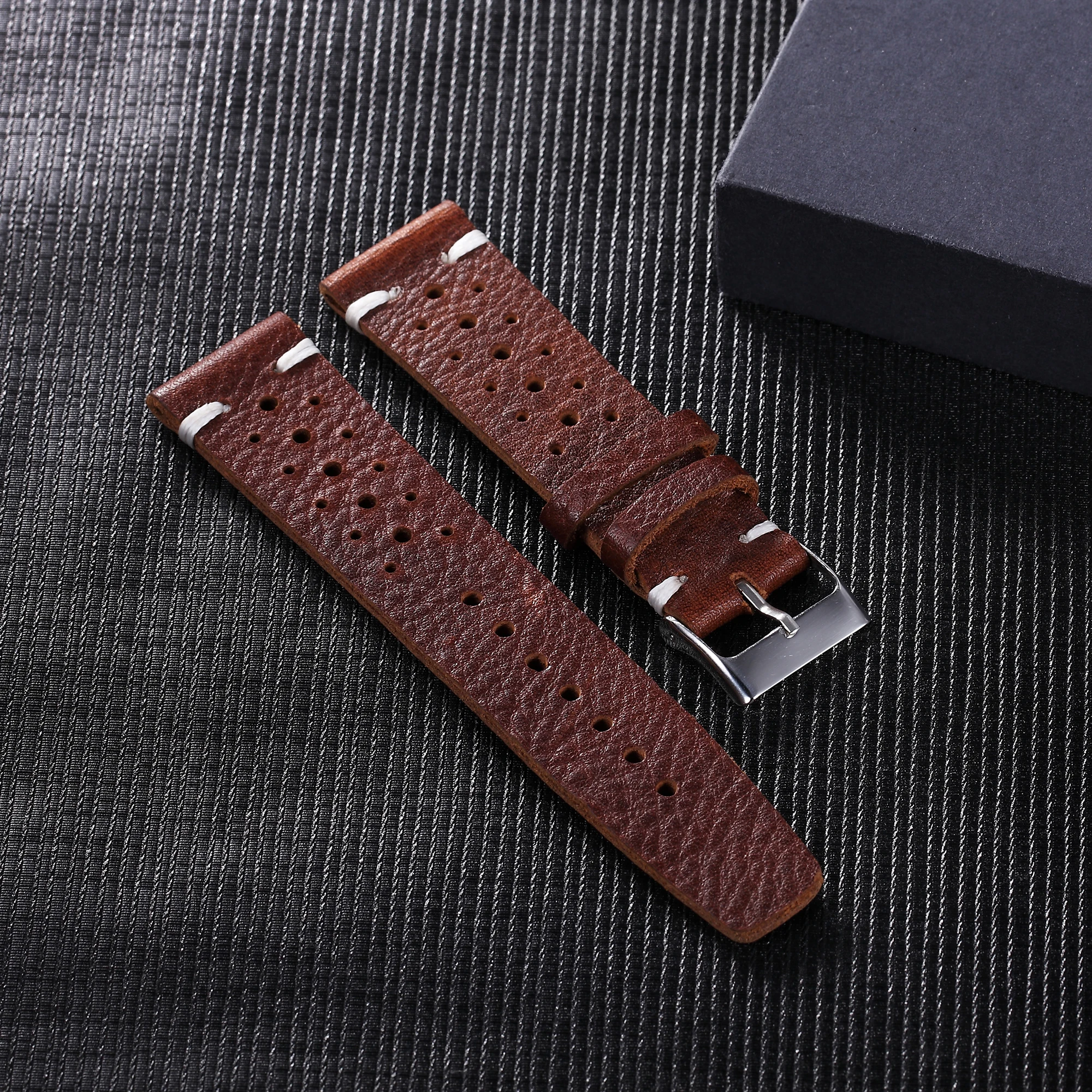 Leather Watch Strap 18mm 20mm 22mm Waterproof Sweatproof  Porous Breathable Watch Band Belt Wist Bracelet Black Brown