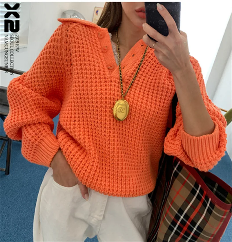 Элегантный винтажный вязаный свитер с узором женская мода три пуговицы отложной