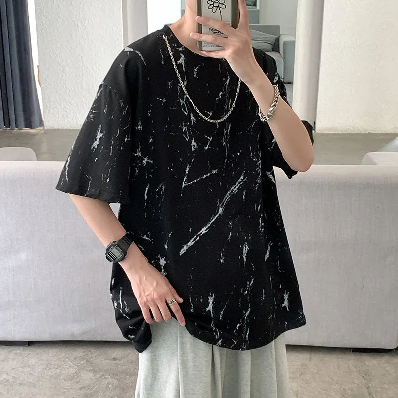 

Summer Chain Short-sleeved T-shirt Men's Fashion Retro Printing Casual T Shirt Men Streetwear Loose Hip-hop Tie-dye Tshirt Mens