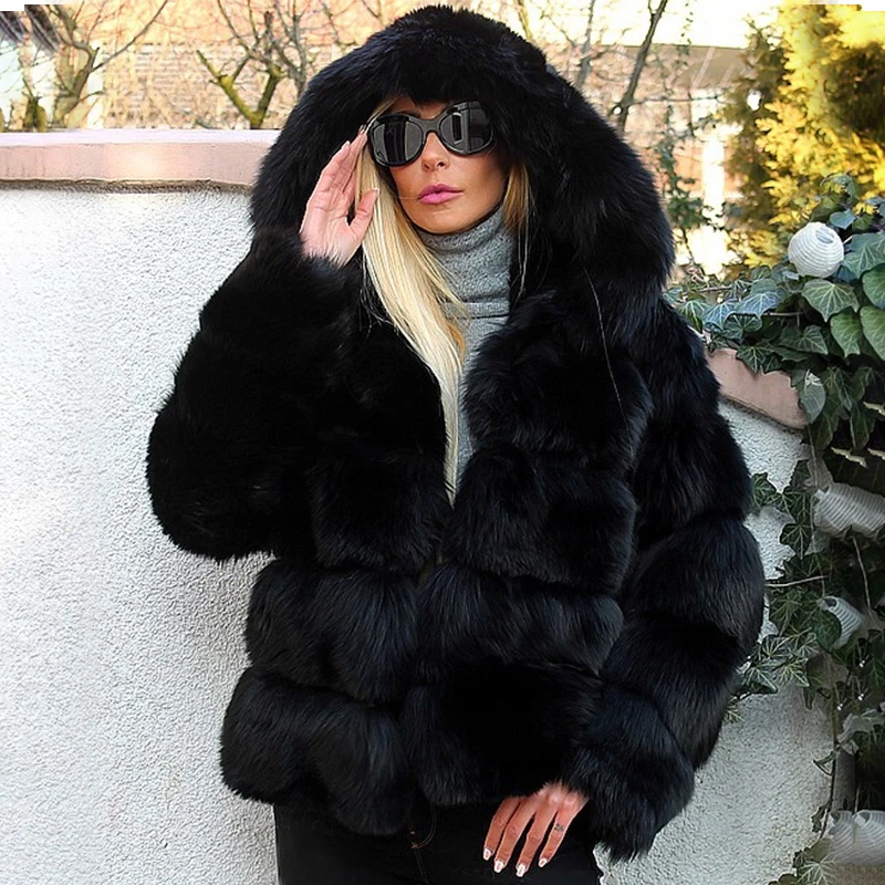 2022 Fashion Black Natural Whole Skin Fox Fur Jackets Women High Quality Real Fox Fur Coats With Hood Luxury Overcoats Female enlarge