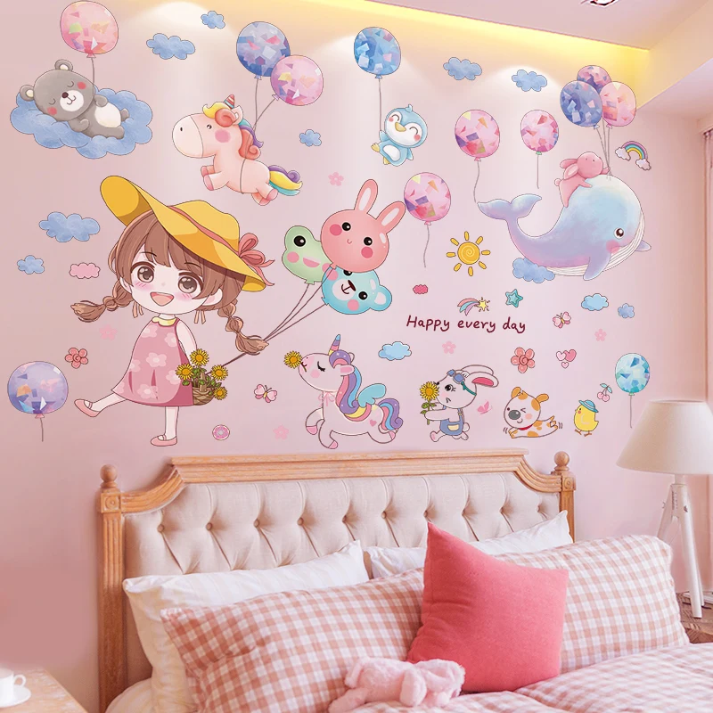

[shijuekongjian] Animals Balloons Wall Stickers DIY Cartoon Girl Mural Decals for Kids Rooms Baby Bedroom Home Decoration