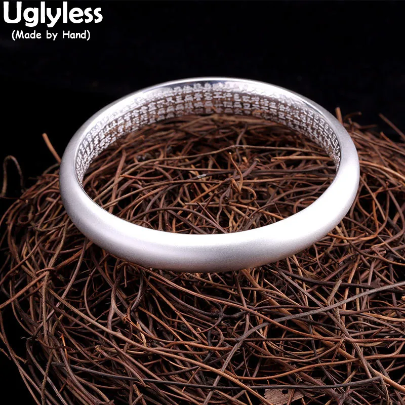 

Uglyless Matte Thick Bangles for Women 999 Fine Silver Religious Gifts Jewelry Prajna Paramita Sutra Buddhistic Silver Bangles